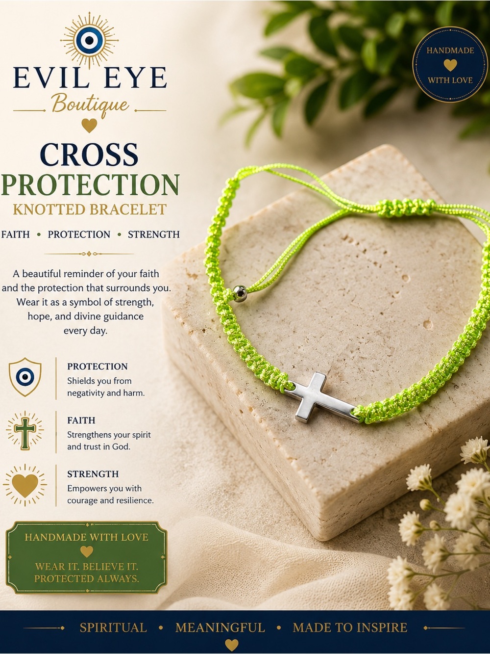💚✝️Evil Eye Boutique Cross Protection Knotted Bracelet - Neon Green✝️💚